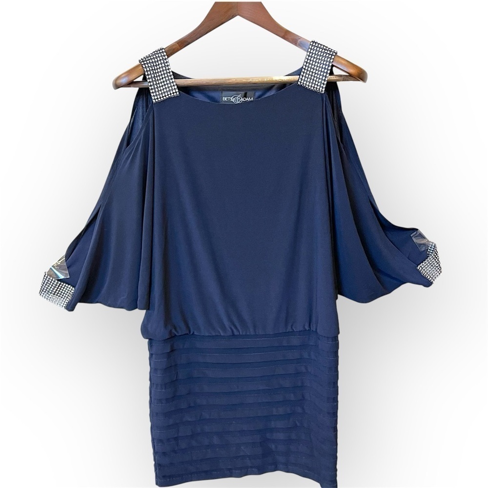 Betsy Adam Y2K elegant batwing tunic dress ,rhinestones embelished, stretchy, 8